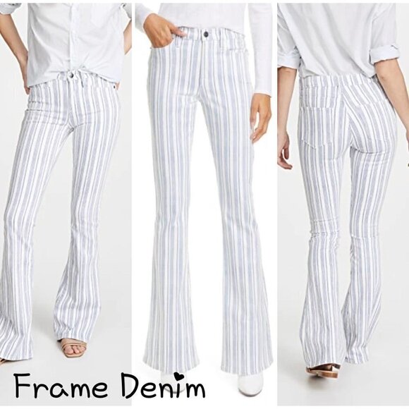 FRAME Le High Flare Blue White Striped Stretch Denim Jeans Size 26 NWT - Picture 1 of 9